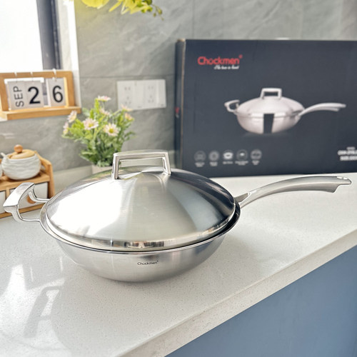 【卓德铭】5层钢夹铜32cm炒锅18/10不锈钢无涂层炒菜锅物理不粘锅