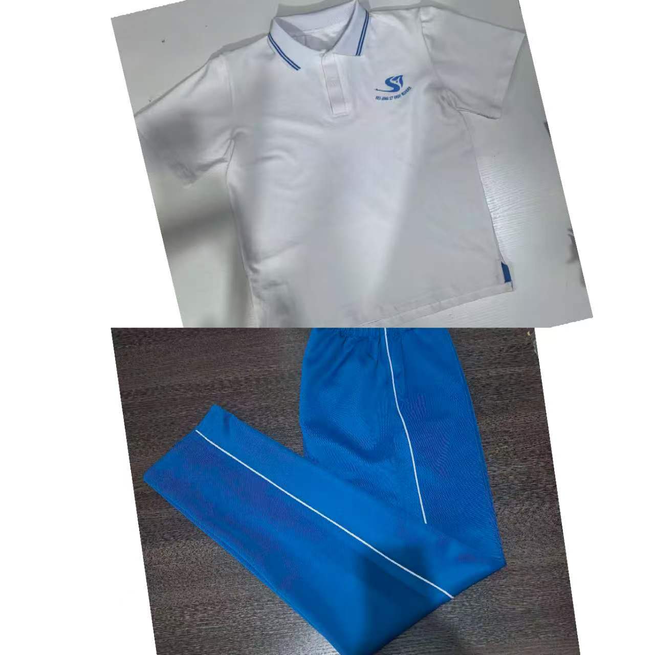 白色短袖蓝色裤子校服套装夏季