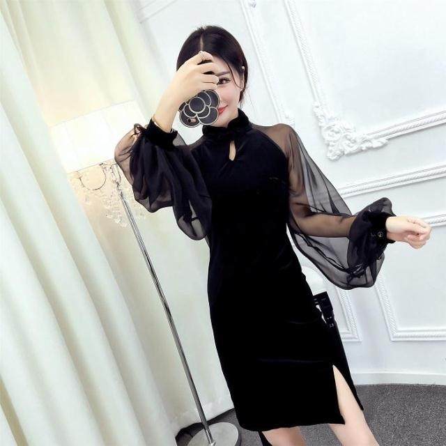 大码女装春秋冬新款改良金丝绒立领灯笼袖修身包臀开叉旗袍连衣裙