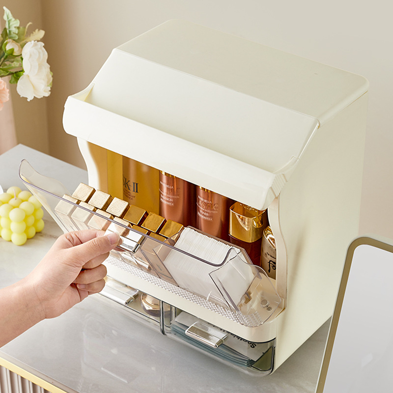 化妆品收纳盒大容量梳妆台桌面整理护肤品口红翻盖透明防尘置物架