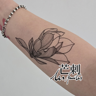 芒刺原创文身贴 黑色手绘防水持久纹身贴夜访吸血鬼高级感 玉兰花