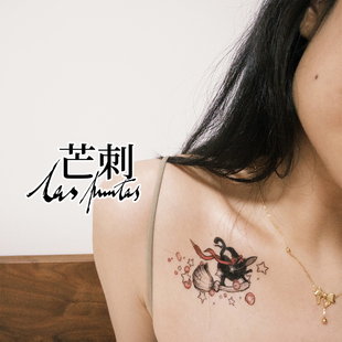芒刺 彩绘彩色防水持久粉色小猫咪形纹身贴小众风高级感 黑猫女巫