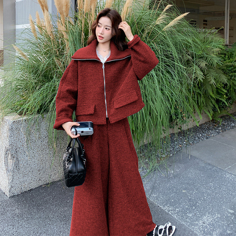 夹棉加厚大翻领毛呢外套+阔腿裤两件套2C339B-6101-P225-K355,女装套装/套裙,2C339