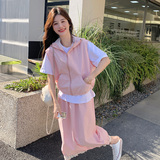 工装粉色连帽马甲半身裙套装女夏2025新款独特漂亮ootd穿搭两件套，女装套装/套裙，2C339