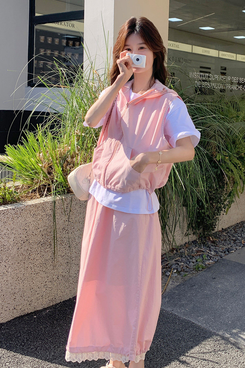 工装粉色连帽马甲半身裙套装女夏2025新款独特漂亮ootd穿搭两件套,女装套装/套裙,2C339