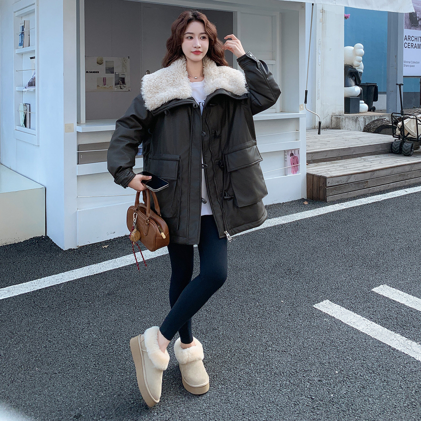 韩系工装风PU皮棉服女2025冬季新款高级感复古时髦显瘦小个子棉衣,女装棉衣/棉服,2C339