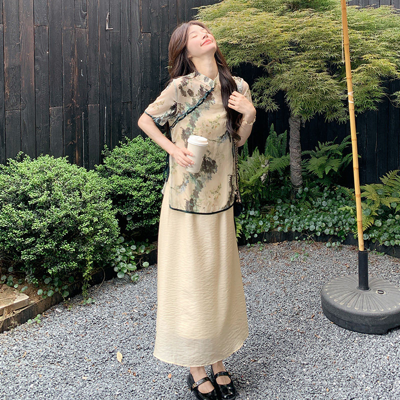 新中式国风水墨印花上衣套装女夏新款优雅气质显瘦吊带裙两件套,女装套装/套裙,2C339