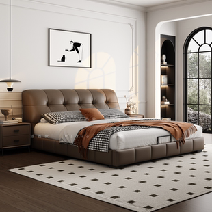泡芙床法式奶油风意式极简头层牛皮真皮床现代主卧室婚床皮艺大床