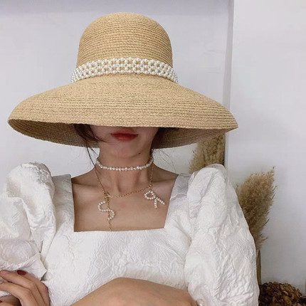25春夏叶小泡 店主配了几十款衣服的复古珍珠草帽 赫本大檐草帽子
