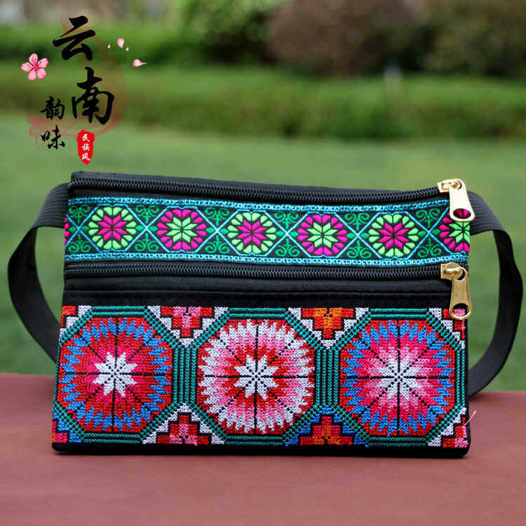 云南民族风十字绣花弹力松紧女式三层拉链手机包多层零钱包老年包