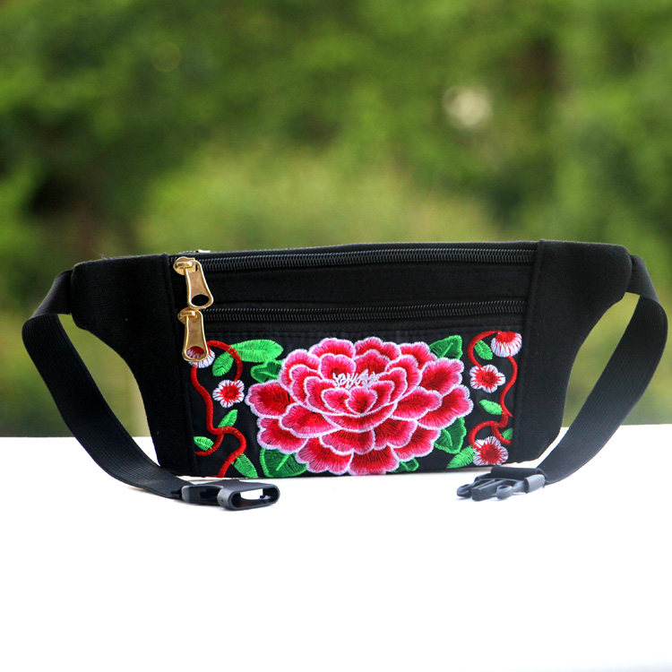 民族风绣字腰包女士绣花手机包云南老年人松紧绒布贴身钱包斜跨包