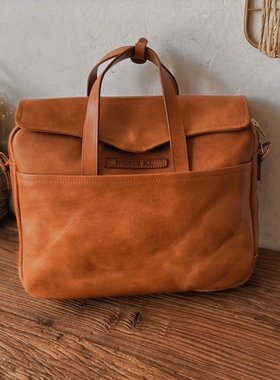 RRL男士手提包质感手工单肩斜挎包时尚商务简约真皮电脑公文包