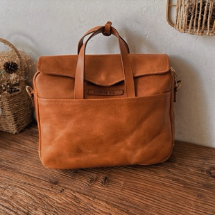 RRL男士 商务简约真皮电脑公文包 手提包质感手工单肩斜挎包时尚