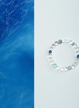 半夏蓝天然水晶手串珠净化白水晶海蓝宝好运多宝手链女款2026新款