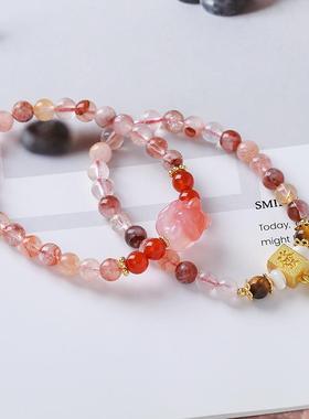 天然水晶手链红胶花手串女生款小众设计国潮风新中式配饰品巨好看