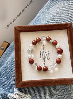 水晶手串女款白水晶小众原创设计贝珠金沙石串珠手链冷门2025新款