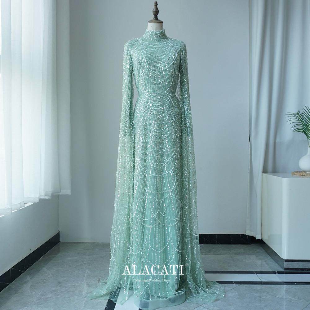 Alacati长袖鱼尾水袖晚礼服