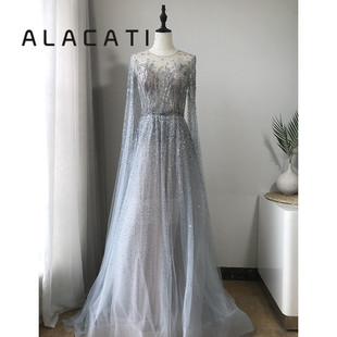 高端奢华银灰色超仙闪钉珠飘纱水袖 晚礼服年会主持演出新娘 长袖