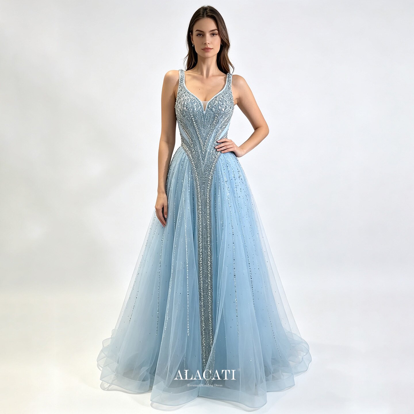 Alacati 外贸高端定制冰蓝色晚礼服手工满钻钉珠 V领大摆晚宴演出图片