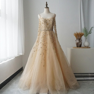 高端奢华新款吊带性感高腰显瘦蓬蓬裙重工晚礼服女晚宴演出口中东