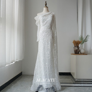 外贸高端奢华重工斜肩名媛鱼尾晚礼服女水袖 可以拆卸独特设计 长袖