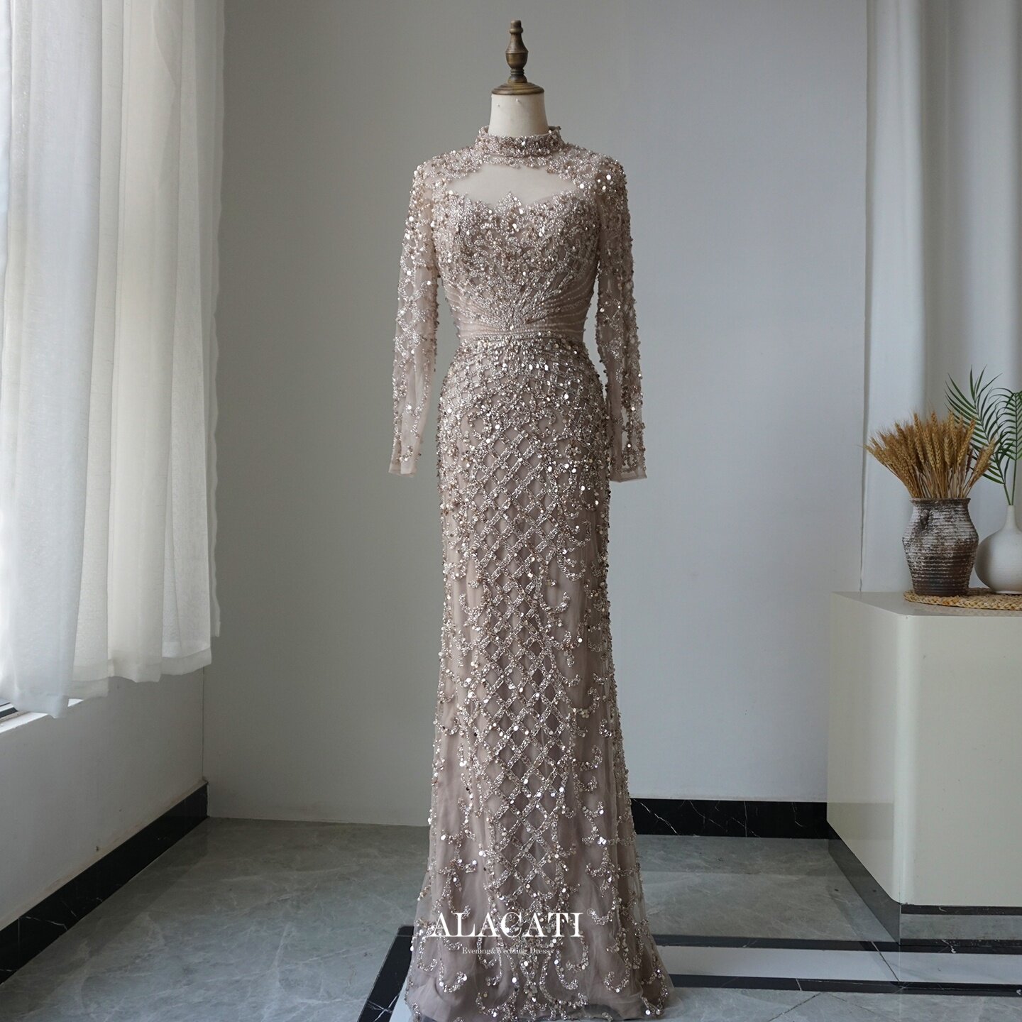 Alacati 新款奢华高端重工长袖显瘦鱼尾晚礼服女年会晚宴出口外贸