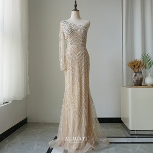 Alacati 出口外贸高端奢华重工单边长袖高腰鱼尾晚礼服年会晚宴新