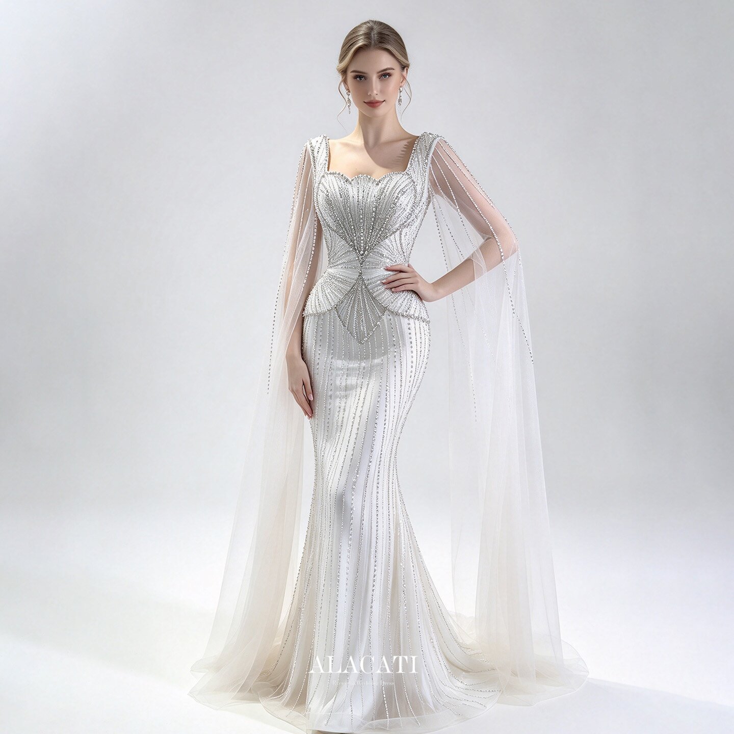 Alacati 法式轻奢高定重工钉珠方领水袖鱼尾晚礼服女宴会主持年会图片