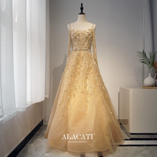 高端奢华新款吊带长袖时尚性感高腰蓬蓬裙重工晚礼服女演出敬酒服