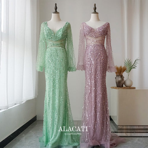Alacati长袖鱼尾灯笼袖晚礼服