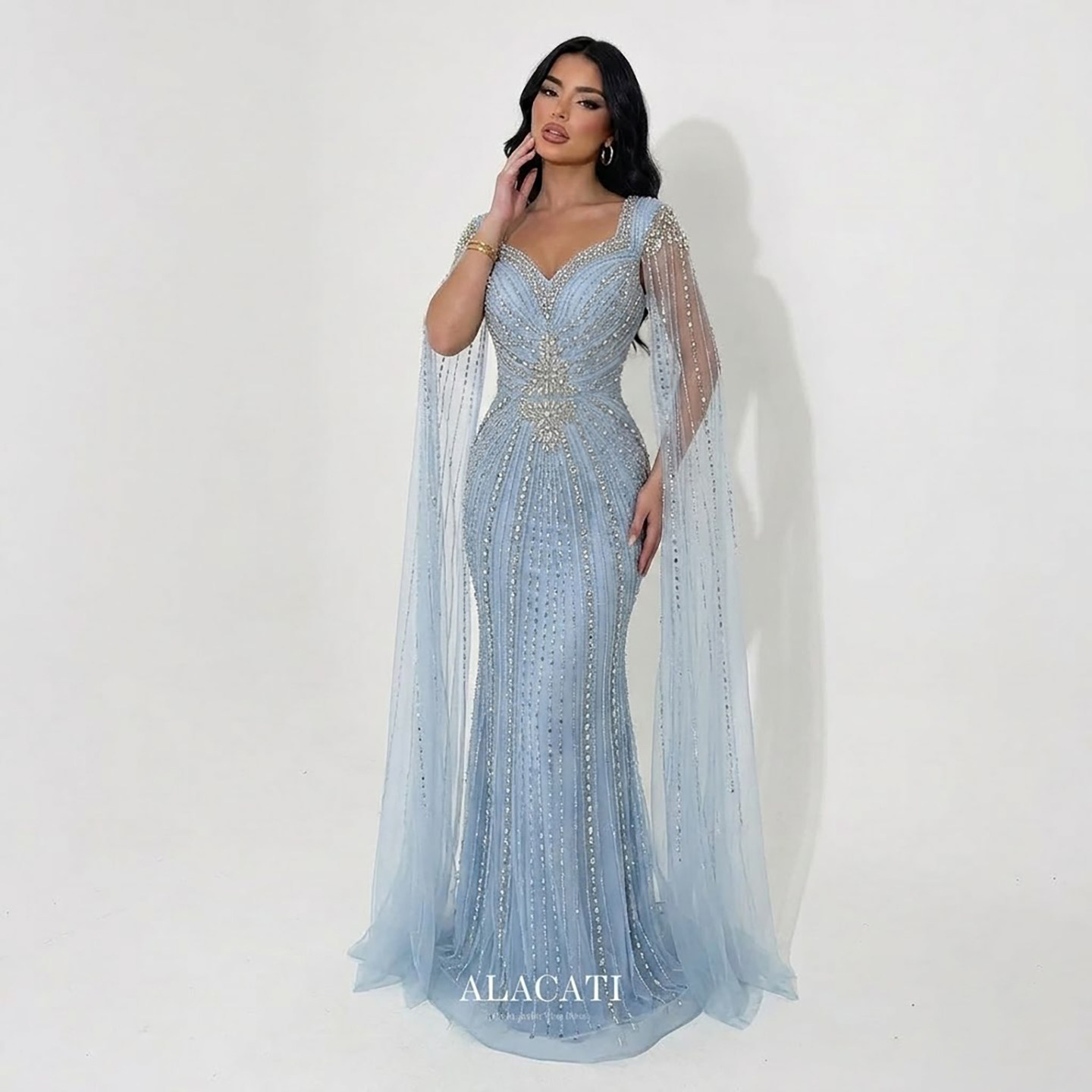 Alacati 新外贸高端奢华重工水袖鱼尾晚礼服高腰显瘦年会名媛晚宴