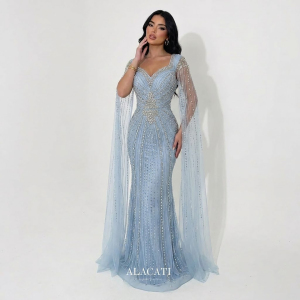 Alacati 新外贸高端奢华重工水袖鱼尾晚礼服高腰显瘦年会名媛晚宴