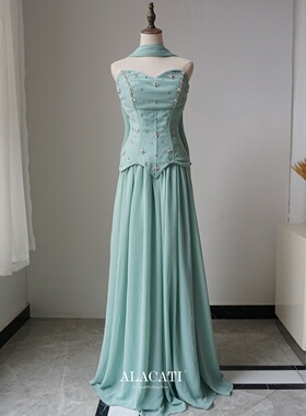 Alacati外贸浅绿色简约抹胸高腰显瘦A摆轻晚礼服年会派对晚宴名媛