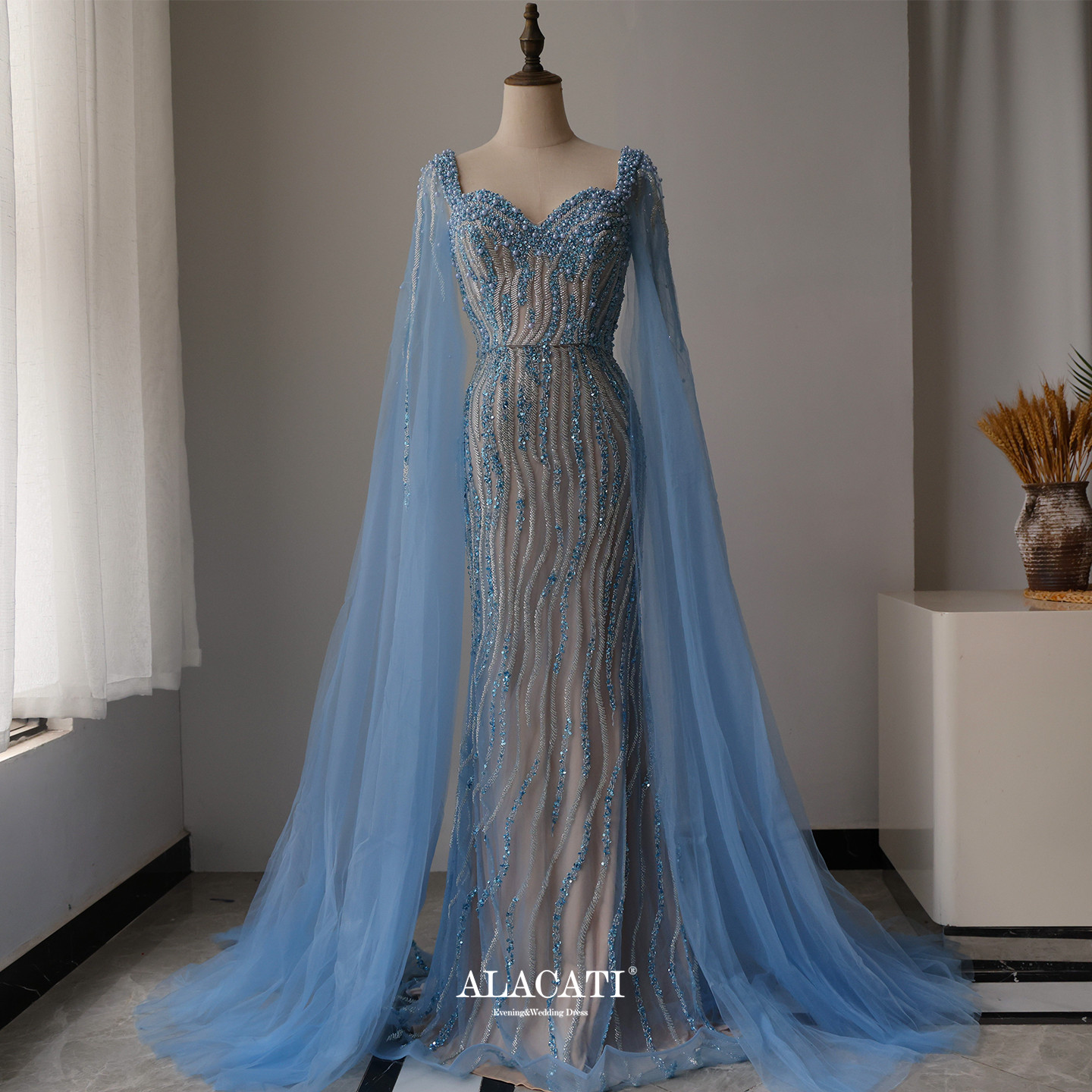 Alacati 外贸高端奢华绣珠水袖鱼尾晚礼服高腰显瘦年会晚宴演出口