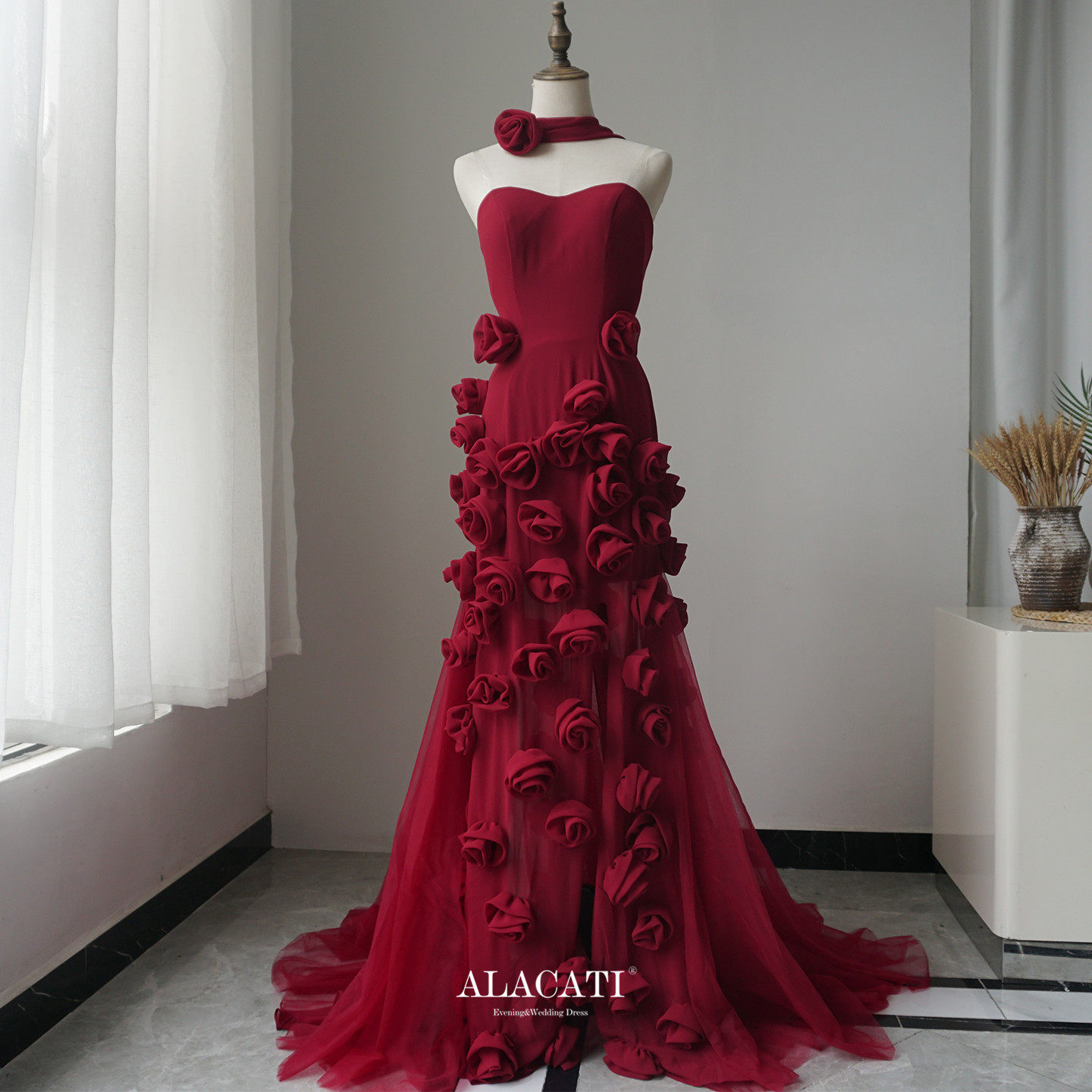 Alacati 外贸梦幻立体花朵抹胸高腰显瘦鱼尾晚礼服女年会旅拍婚礼