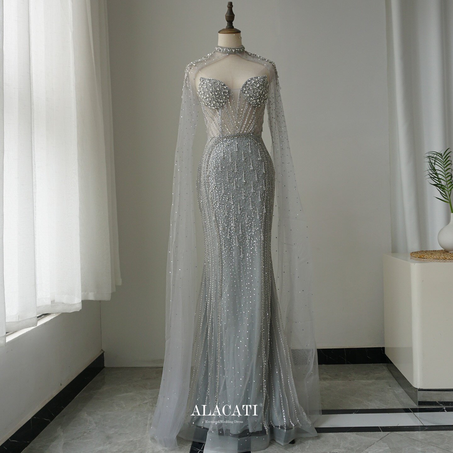 Alacati 新款水袖性感抹胸鱼尾晚礼服重工钉珠名媛晚宴欧出口多穿