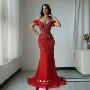 Alacati 高端奢华羽毛一字肩高腰显瘦鱼尾晚礼服名媛晚宴出口欧美