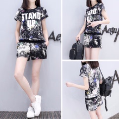 Europe Station New Korean fashion large size short sleeve shorts suit women's summer leisure sportswear two piece suit