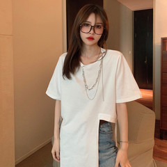 Design top fat summer cover belly show thin French style unique irregular short sleeve T-shirt