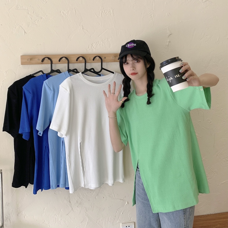 Real shot rib pit polyester spandex simple design split net red short sleeve T-shirt