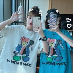 Real video student cartoon print loose short sleeve shirt