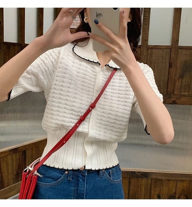 Official picture retro short Lapel hollow out summer short thin ice silk short sleeve top