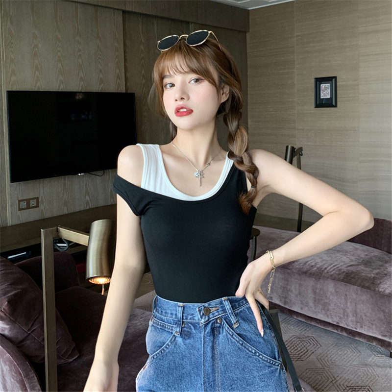 Real shot 92% rayon 8% spandex fake two piece vest for women