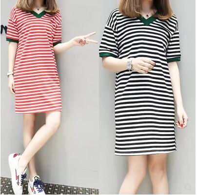 Summer new large women's collar stripe dress fat loose thin medium long short sleeve