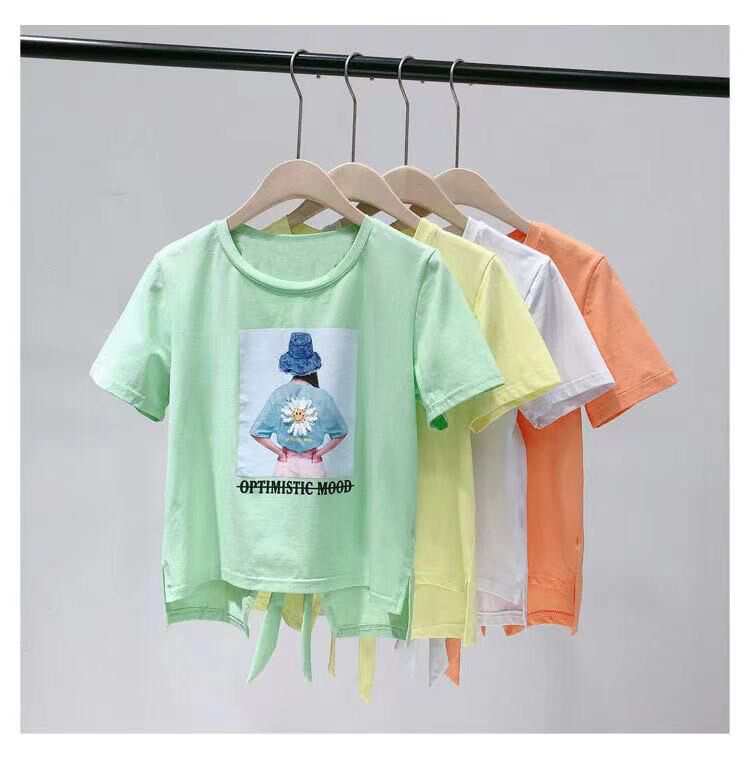 Net red Korean Short Sleeve T-shirt with loose bow and split back strap