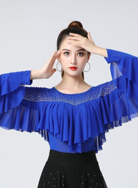 吉特巴新款舞蹈服夏季飞边袖镶钻上衣网纱拉丁舞练功服广场舞舞服