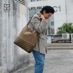 SSSUN三日皮具 Care牵挂系列Elite精英鹿皮绒拼羊皮菱格车花托特