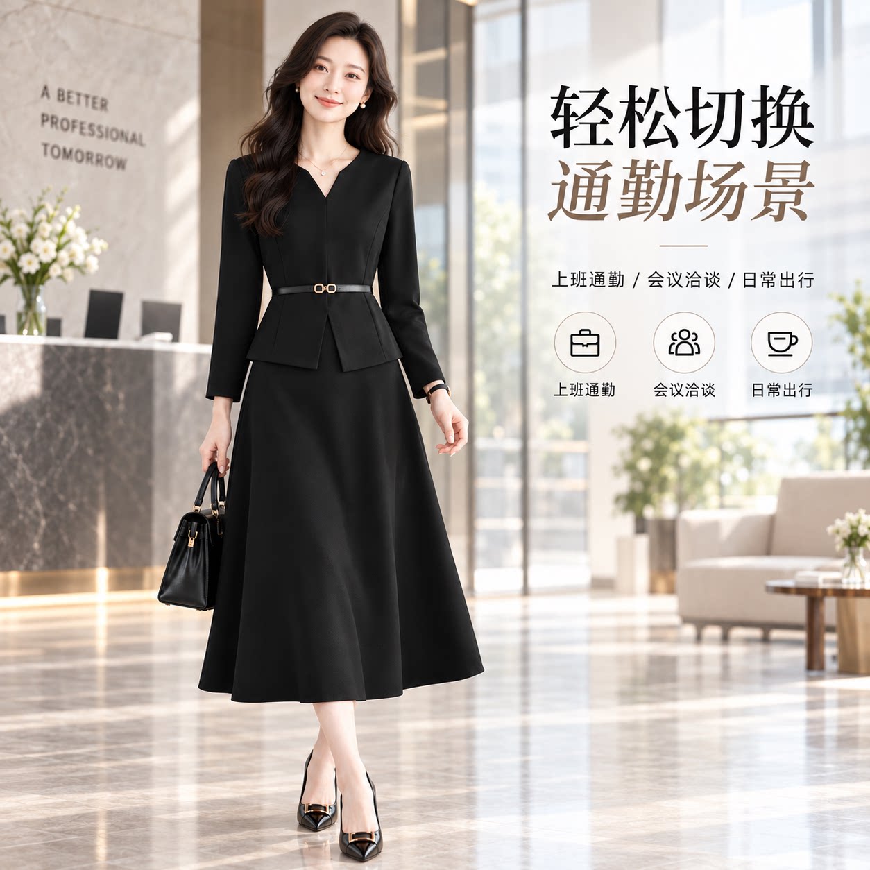 黑白两件套高腰收腰显瘦通勤伞裙