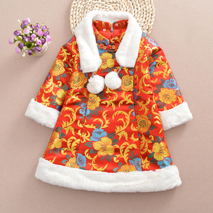 冬季高端儿童旗袍唐装中式新年衣服宝宝拜年服红色女童礼服