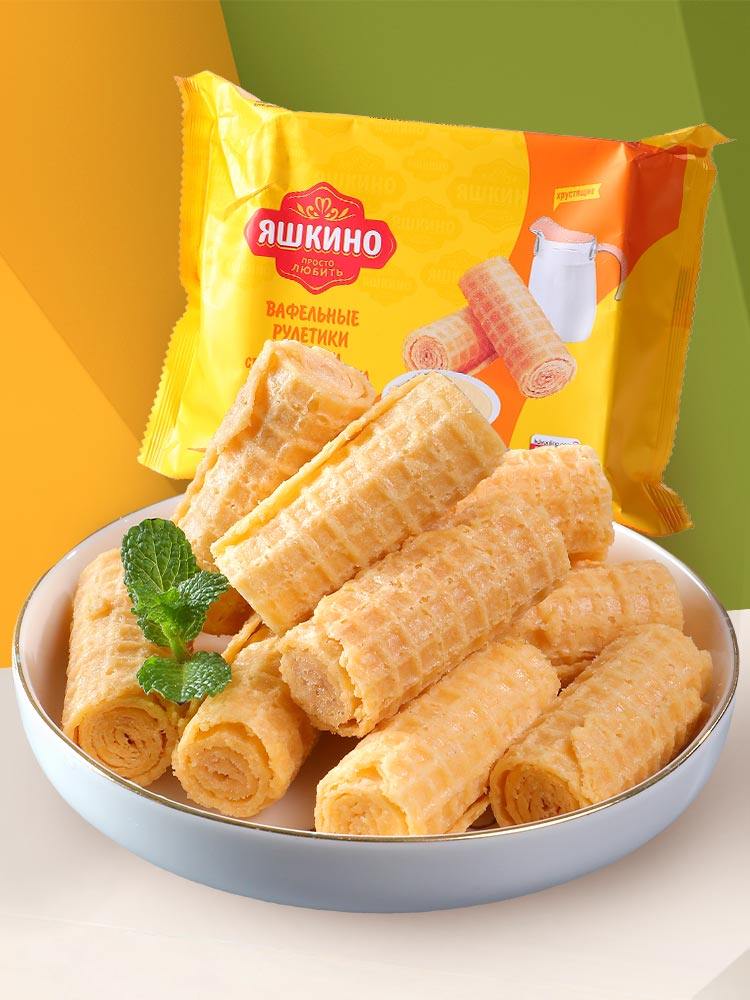 Russia imported egg roll honey condensed milk sandwich biscuit ring KDV341 yellow egg roll combination snack 160g*4 packs